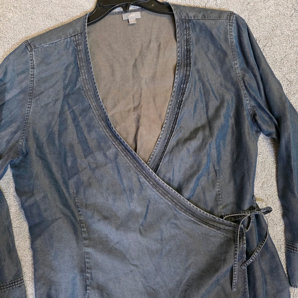 J. Jill Women Dark Wash Blue 100% Tencel Lyocell Wrap Top Long Sleeve Blouse L - Picture 3 of 6
